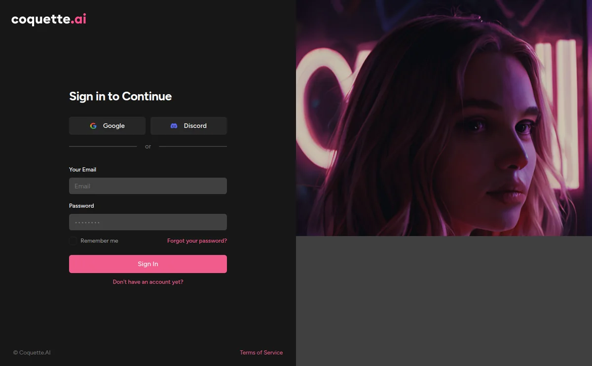 Coquette AI sign-in interface
