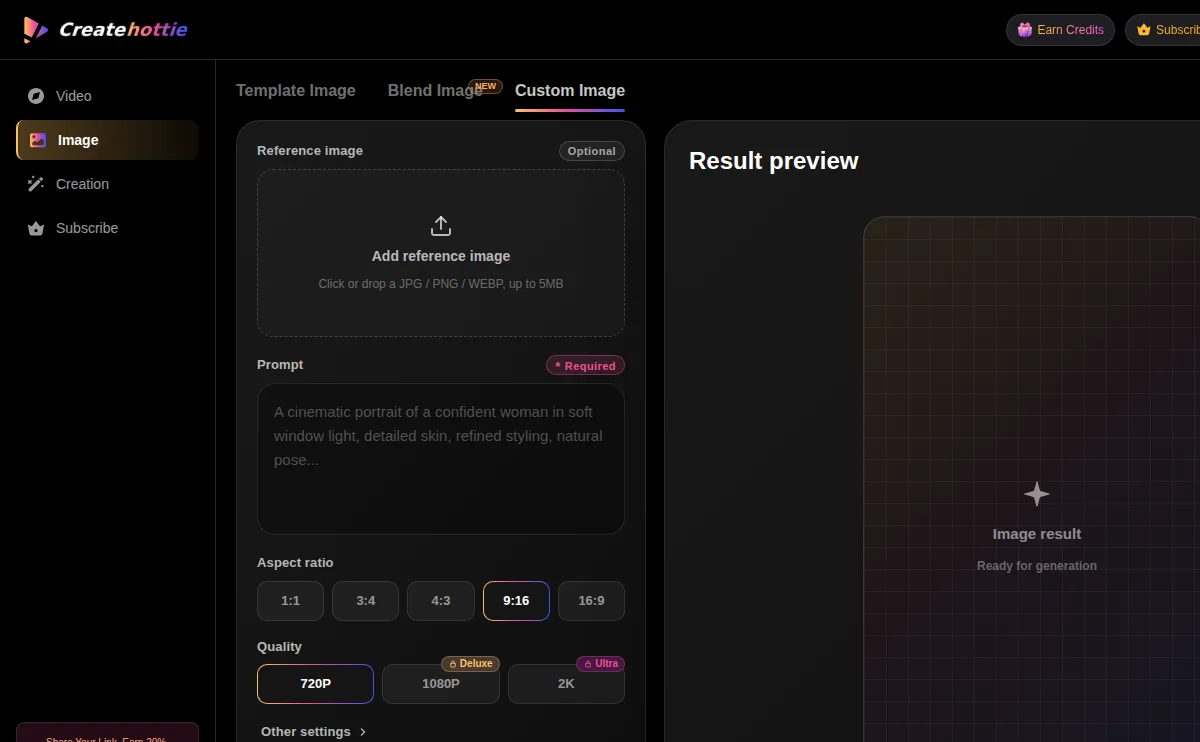 Create Hottie custom image generator with prompt and result preview