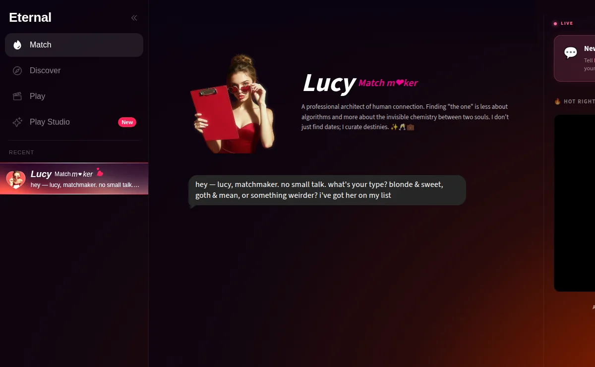 Eternal AI matchmaker chat interface with Lucy