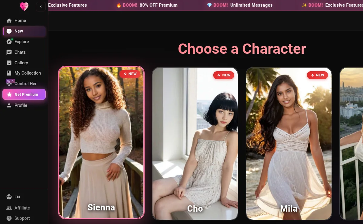 FeelReal character browser interface