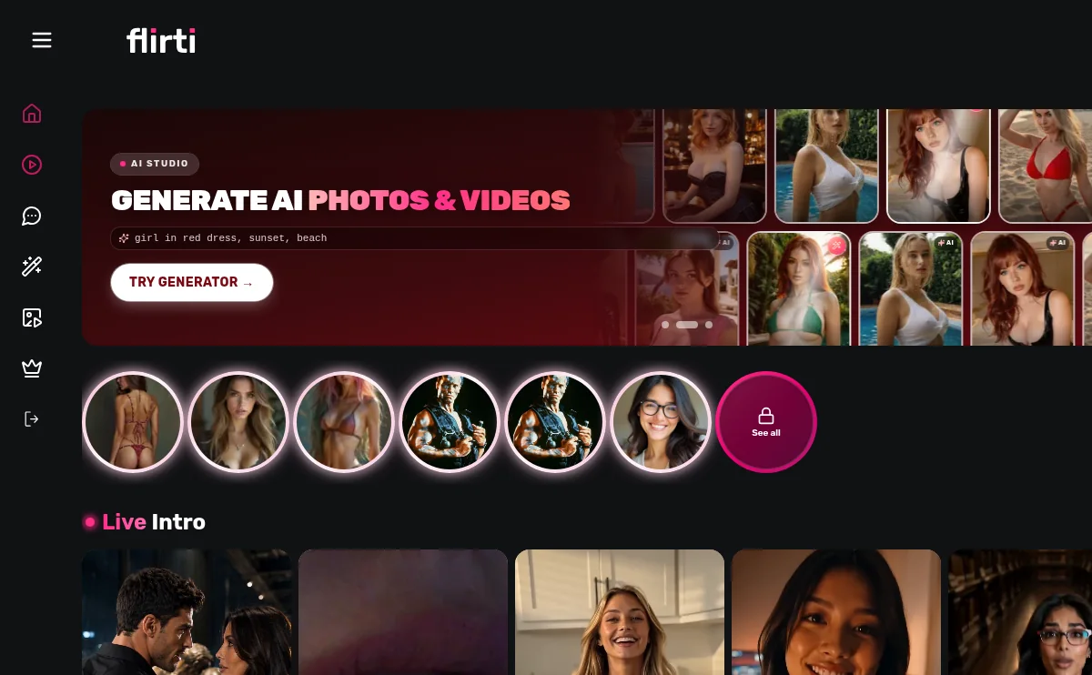 Flirti AI Studio and character browser interface