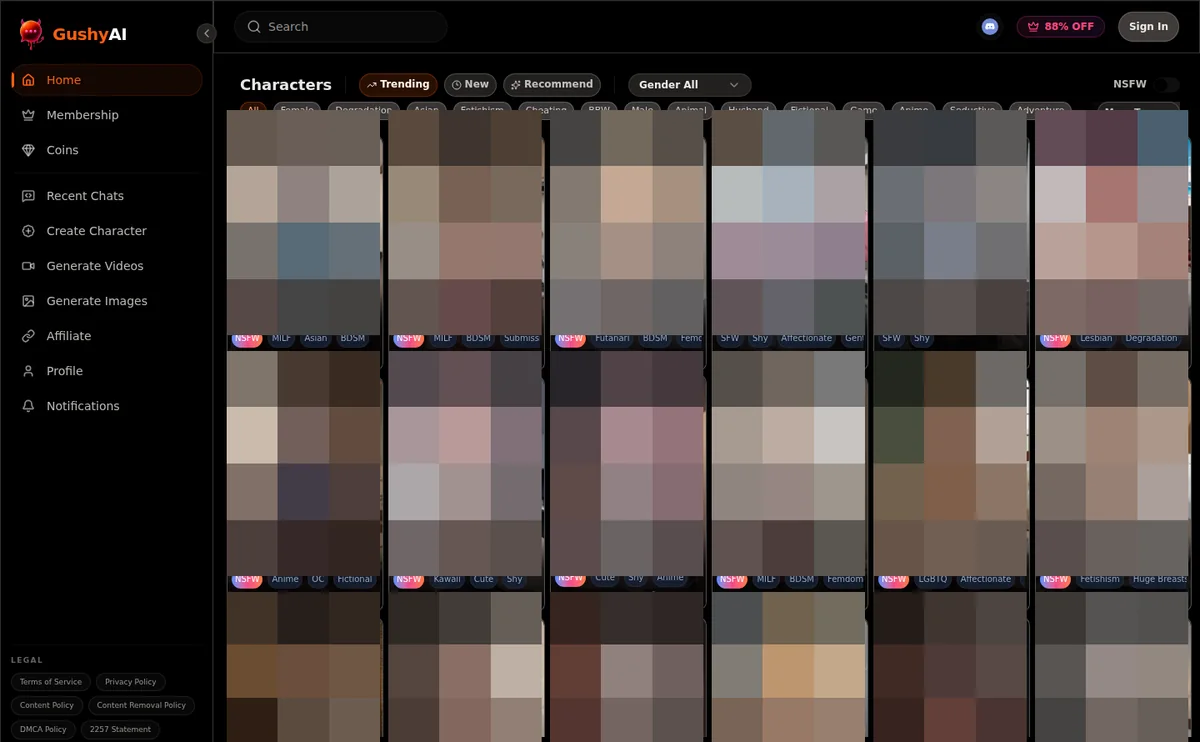 Gushy AI character interface