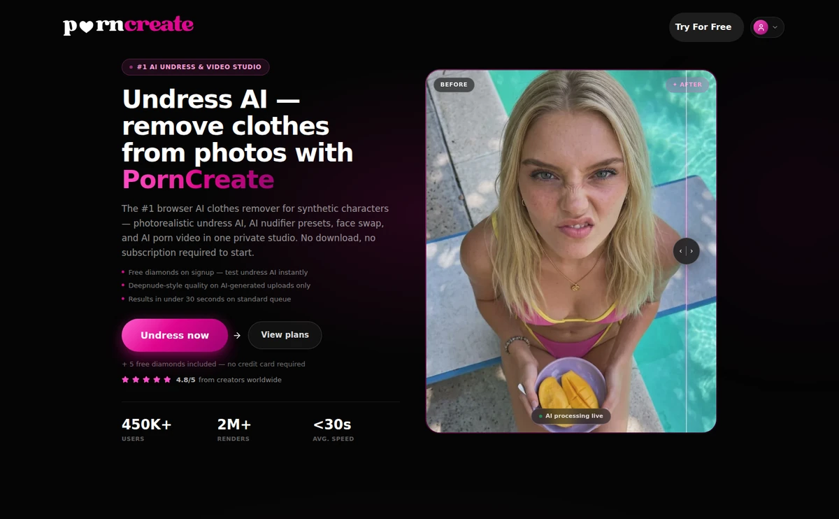 PornCreate homepage showcasing image generation, face swap and image-to-video tools
