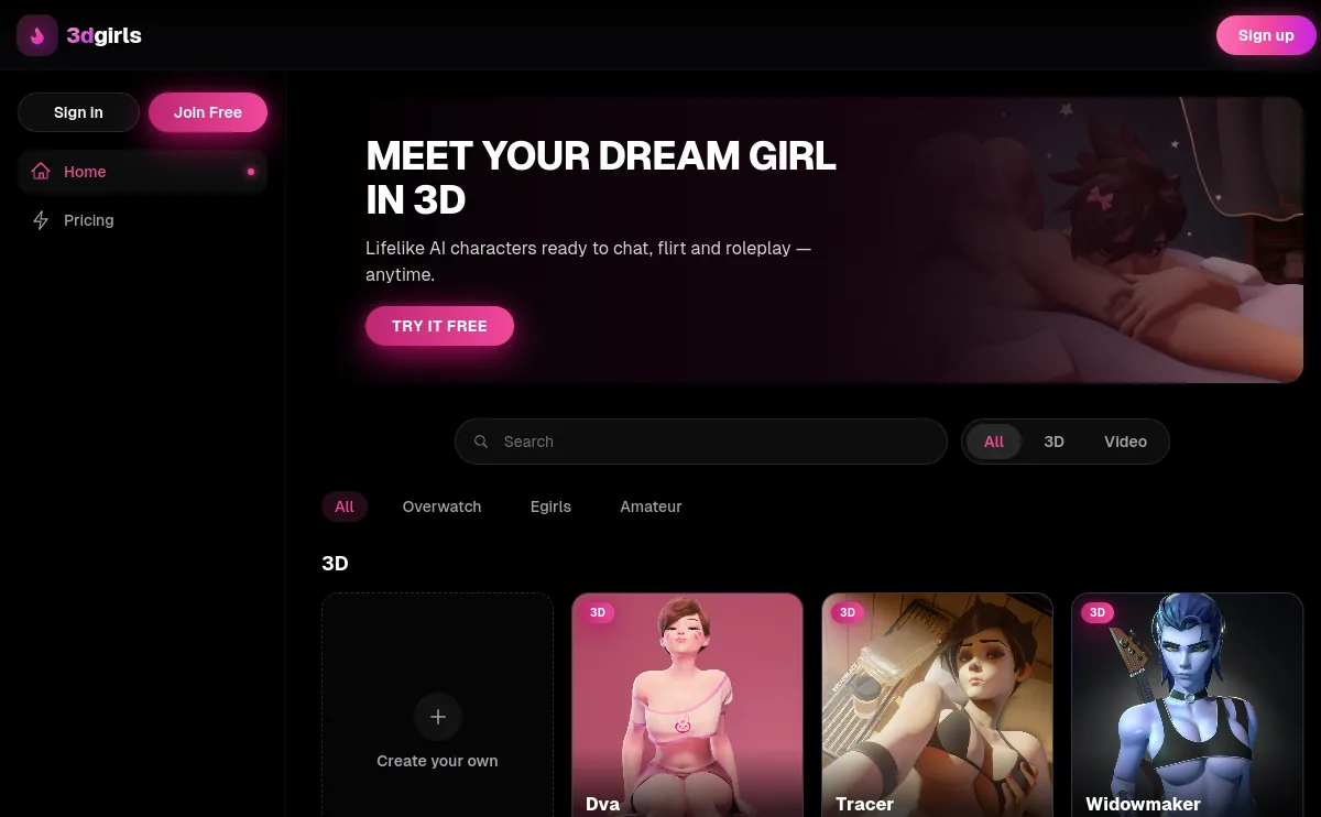 3DGirls character video browser and creator interface