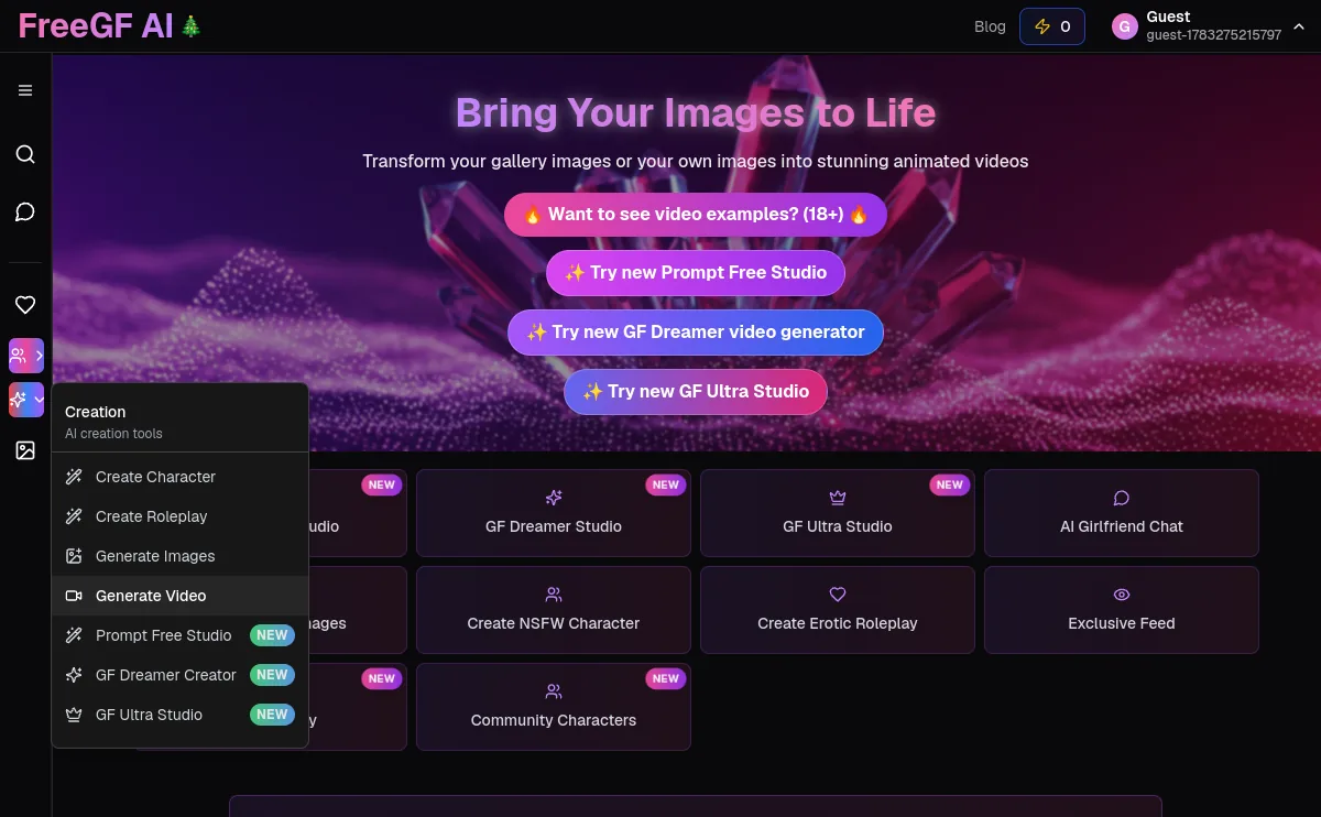FreeGF AI character creator interface