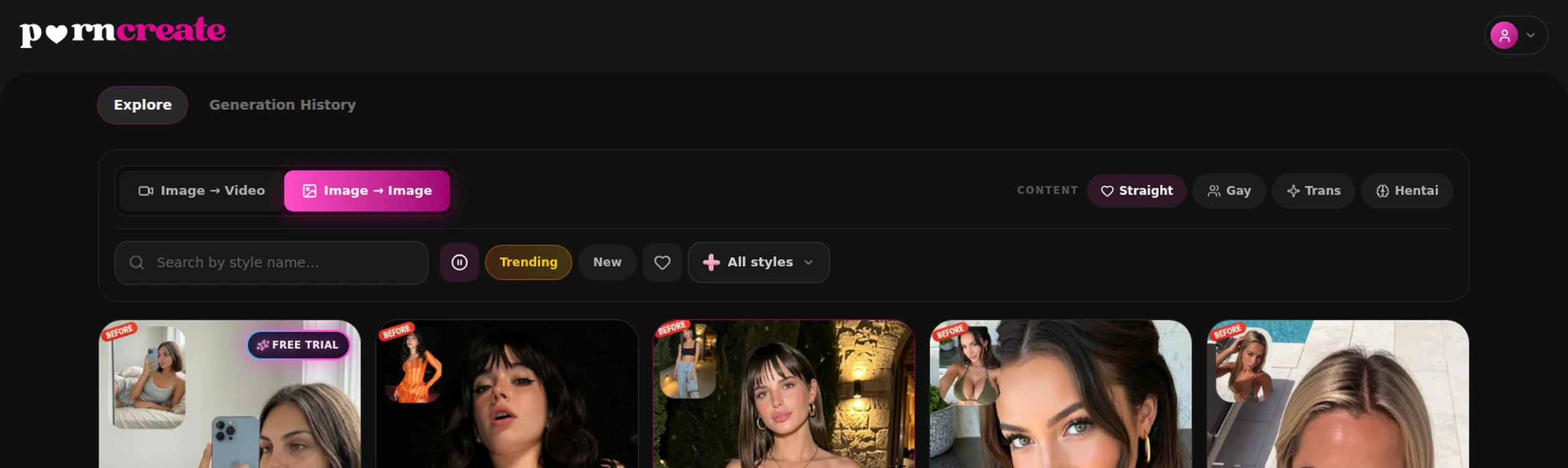 PornCreate Explore interface with style, content-type and generation-mode filters